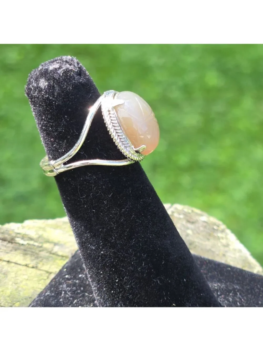 MCM Burt Cassell Scarab beetle ring stone 12K White GF Egyptian revival VTG 5.5